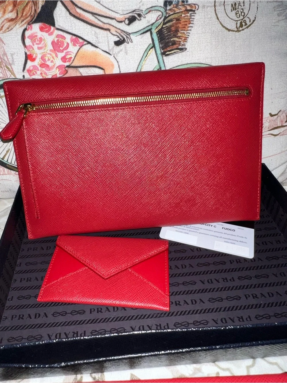 Prada Red Saffiano Envelope Clutch with Gold Logo